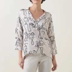 Sale Abstract Face Print Blouse Women Tops