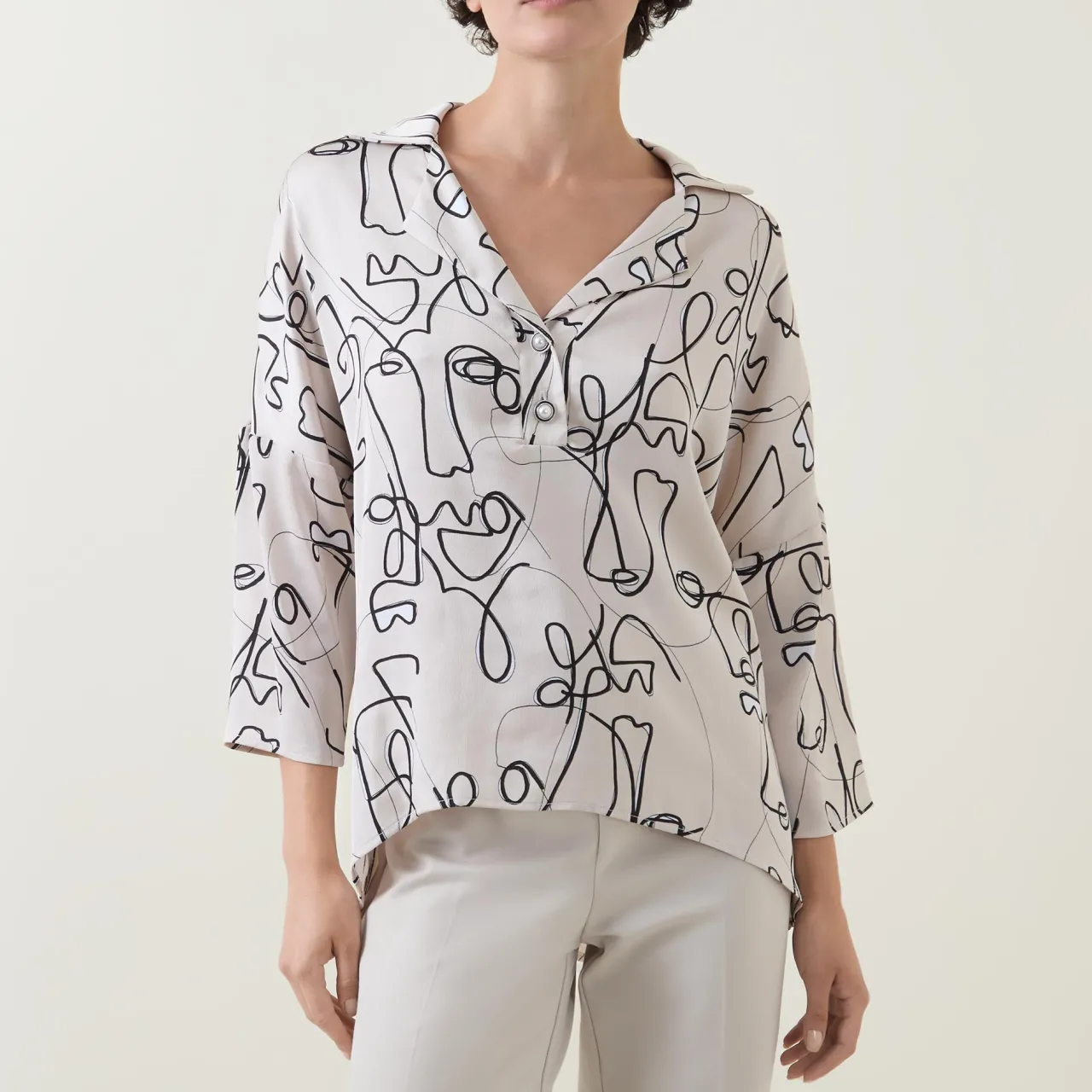Sale Abstract Face Print Blouse Women Tops
