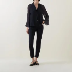 Outlet Blouson-Sleeve Sheer Blouse Women Tops