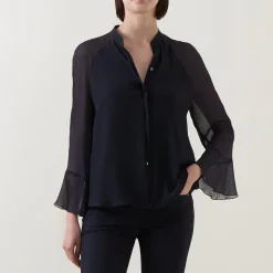 Outlet Blouson-Sleeve Sheer Blouse Women Tops