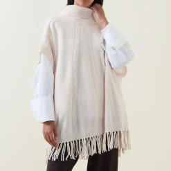 Cable Knit Fringed Cape Women Coats & Jackets|Sweaters & Cardigans