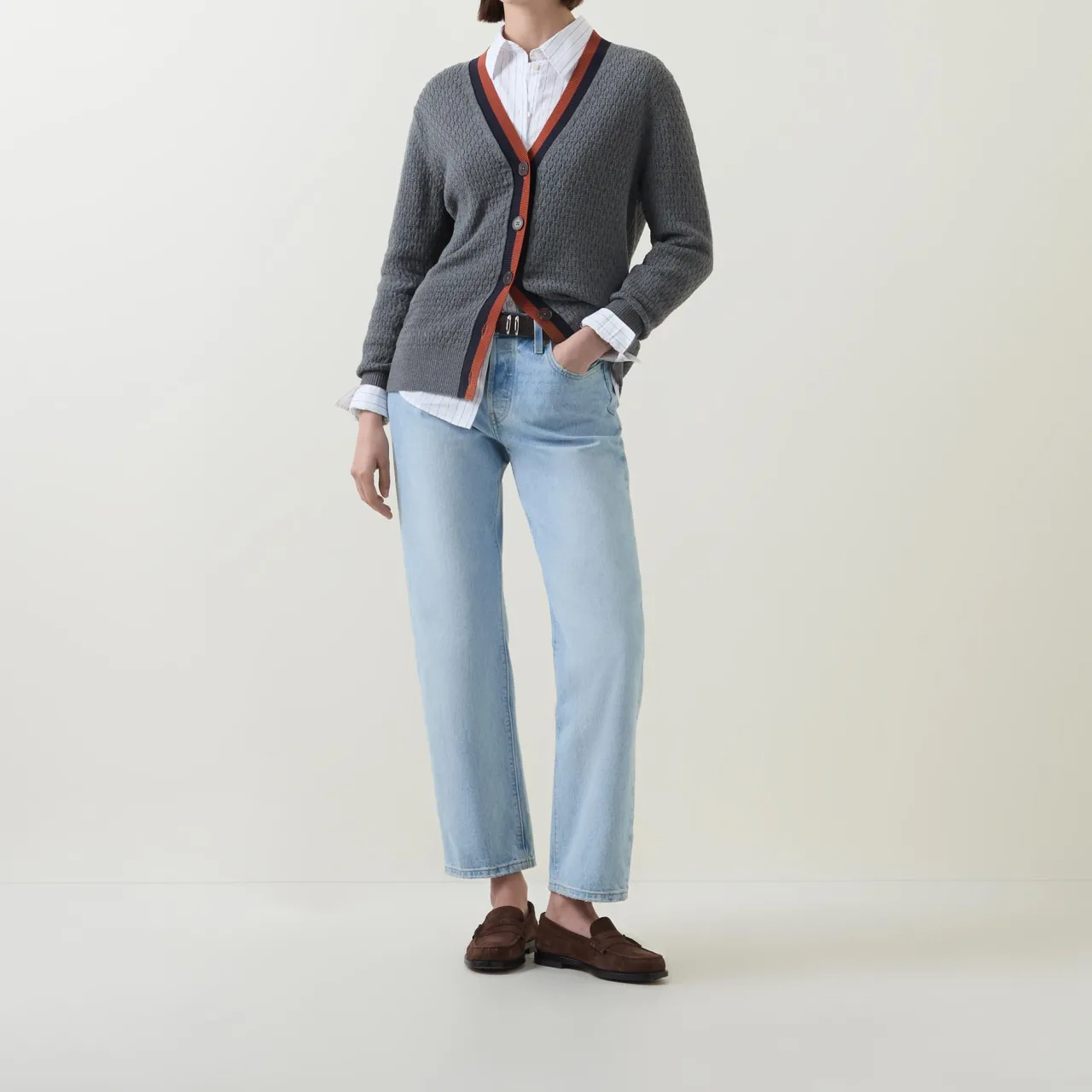 New Contrast Trim Textured Cardigan Women Sweaters & Cardigans
