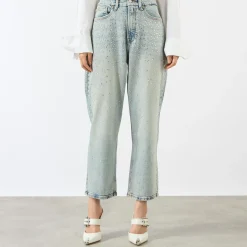 Sale Crystal Stars 90s Cropped Straight Leg Jeans Women Denim
