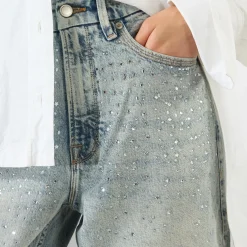 Sale Crystal Stars 90s Cropped Straight Leg Jeans Women Denim