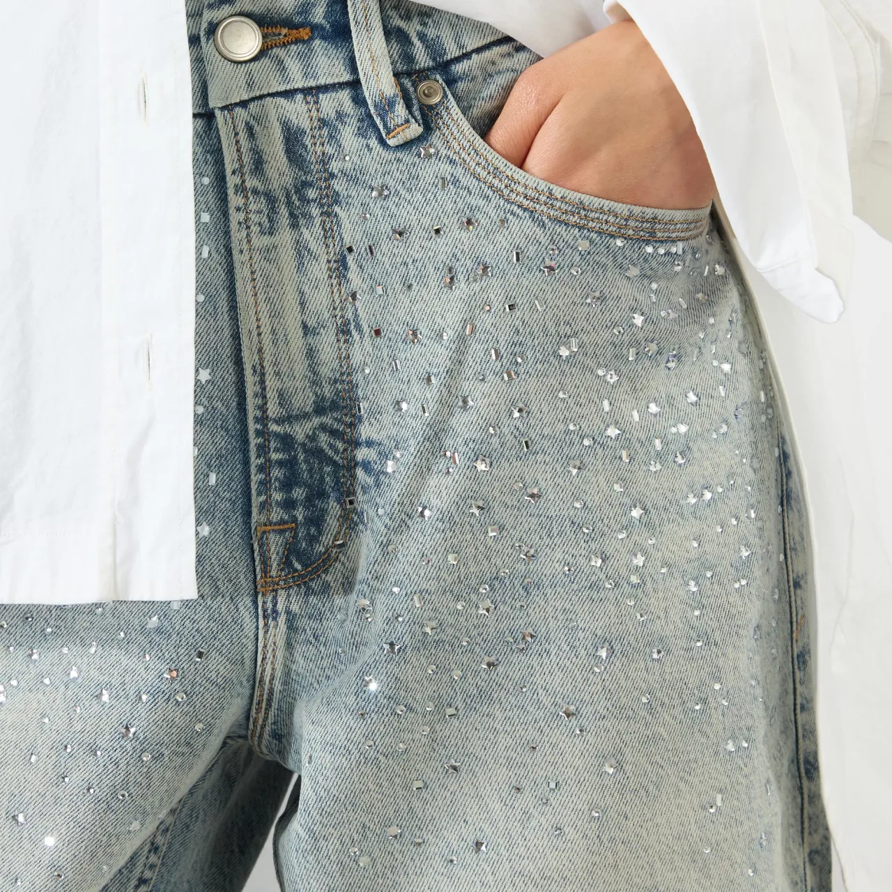 Sale Crystal Stars 90s Cropped Straight Leg Jeans Women Denim