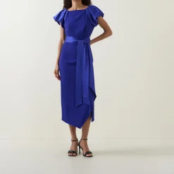 Hot Della Puff-Sleeve Belted Asymmetric Dress Women Dresses