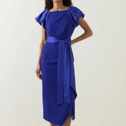 Hot Della Puff-Sleeve Belted Asymmetric Dress Women Dresses