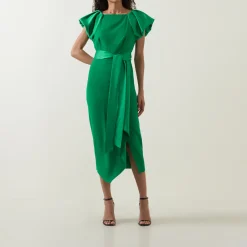 Discount Della Puff-Sleeve Belted Asymmetric Dress Women Dresses