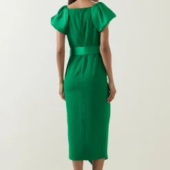 Discount Della Puff-Sleeve Belted Asymmetric Dress Women Dresses