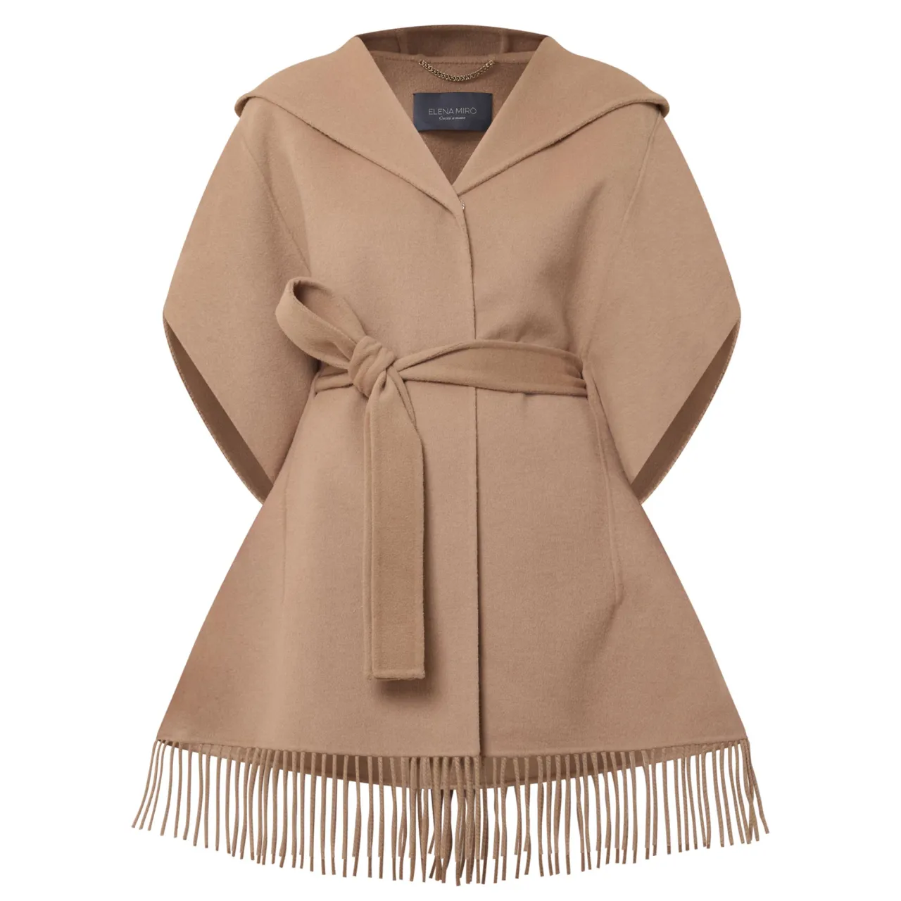 Sale Fringed Hem Belted Cape Women Coats & Jackets