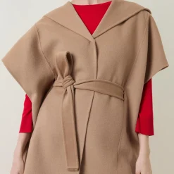 Sale Fringed Hem Belted Cape Women Coats & Jackets