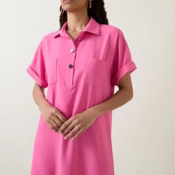 Outlet Front Pocket Shirt Dress Women Dresses
