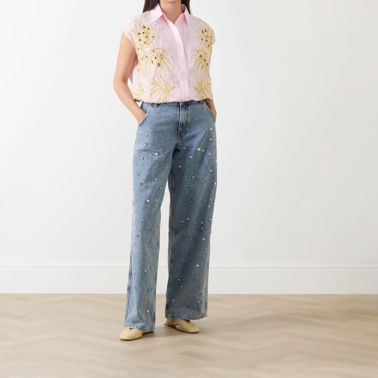 Best Higg Rhinestone Wide Leg Jeans Women Denim