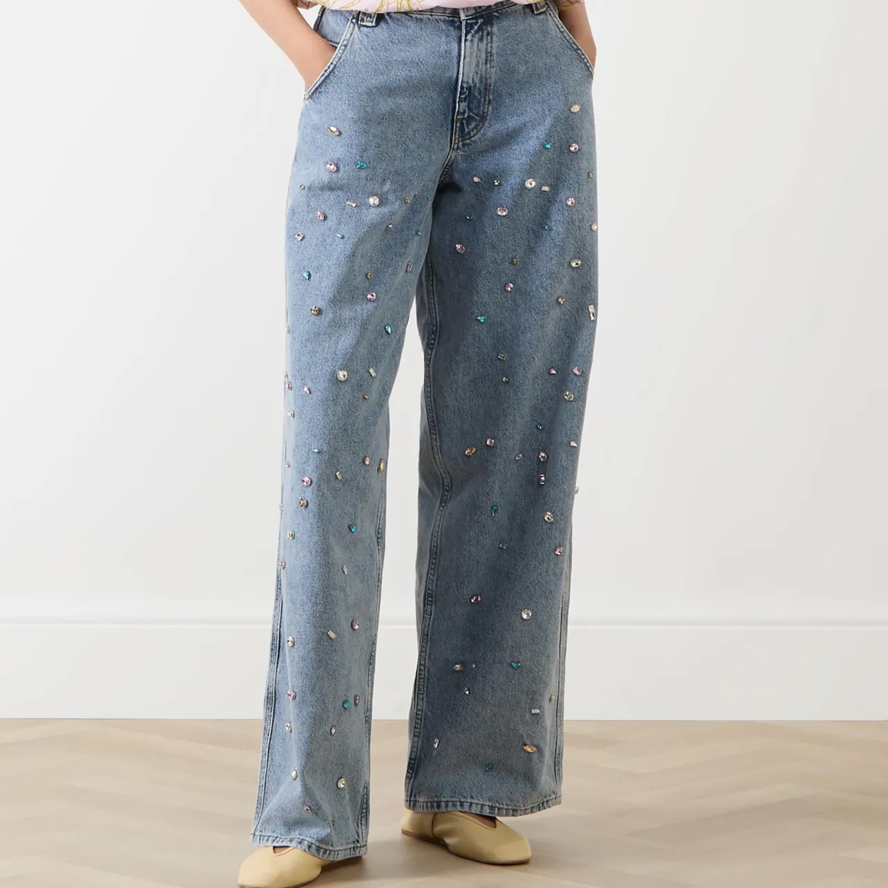 Best Higg Rhinestone Wide Leg Jeans Women Denim