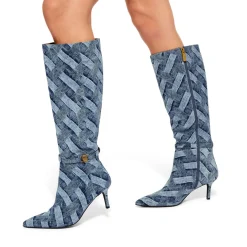 Discount Kensington Patchwork Denim Knee-High Boots Women Boots