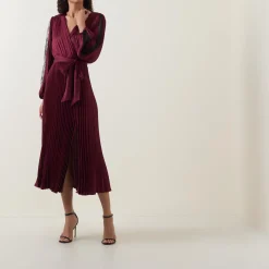 Best Lace-Sleeve Pleated Wrap Dress Women Dresses|Mother Of The Bride