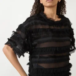 Lipona Semi-Sheer Fringe T-Shirt Women Tops