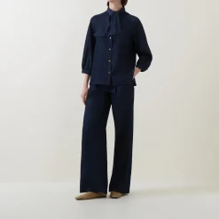 Sale Neck-Tie Denim Blouse Women Tops