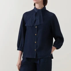Sale Neck-Tie Denim Blouse Women Tops