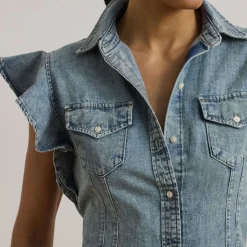 Hot Palmancee Flutter Denim Shirt Women Tops