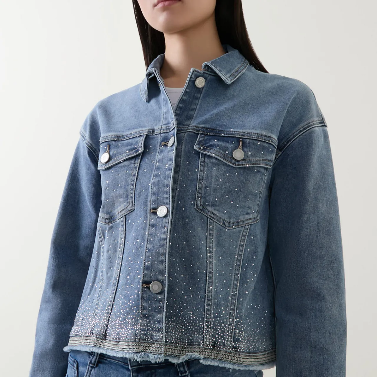 Clearance Raw Edge Embellished Denim Jacket Women Coats & Jackets