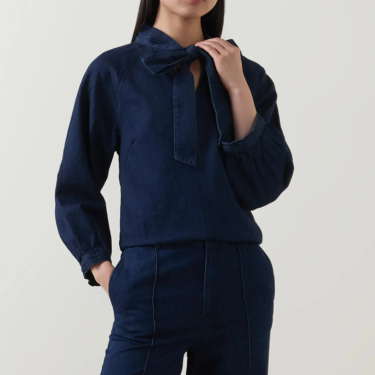 Online Sassi Pussybow Denim Blouse Women Tops