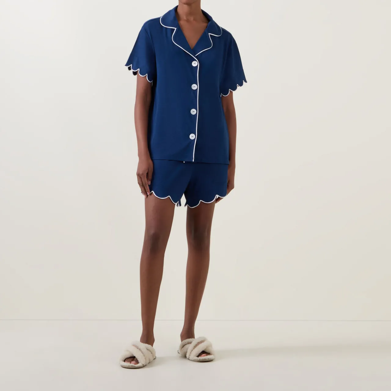Sale Scalloped Pyjama Shirt & Shorts Set Women Sleepwear