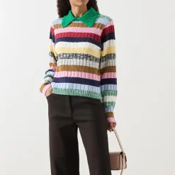Online Stripe Knit Polo Shirt Women Tops