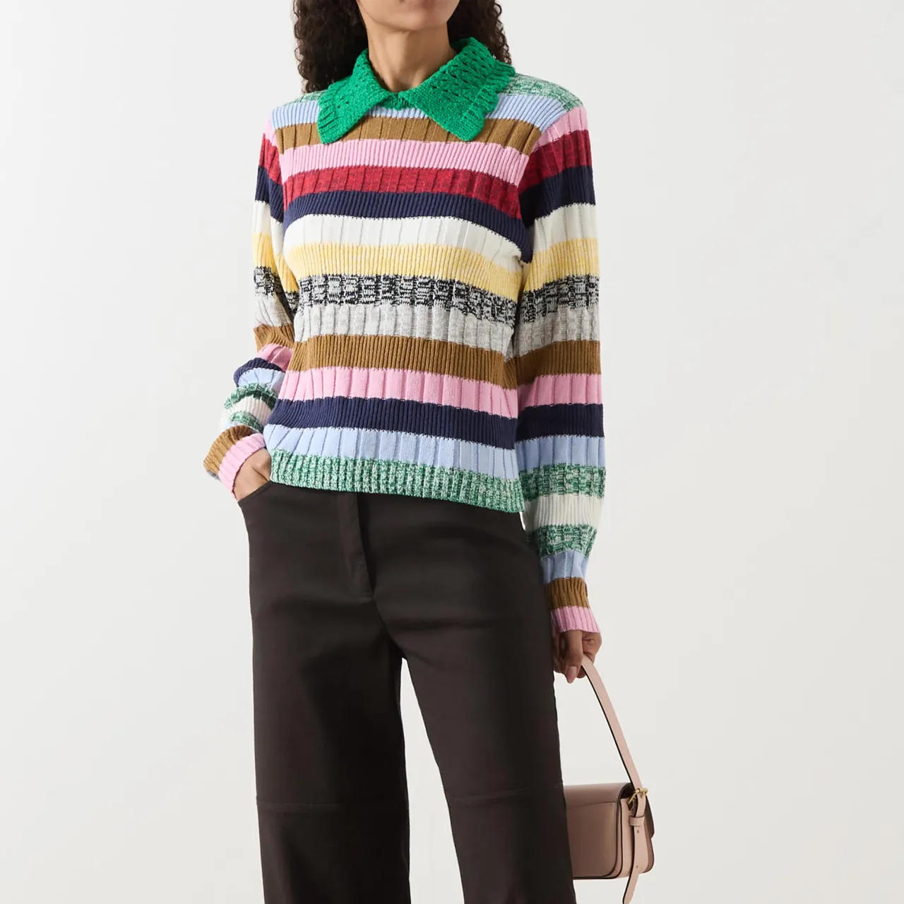 Online Stripe Knit Polo Shirt Women Tops