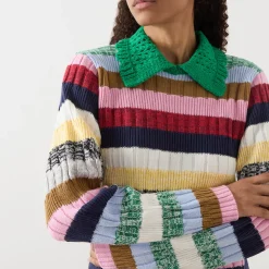 Online Stripe Knit Polo Shirt Women Tops