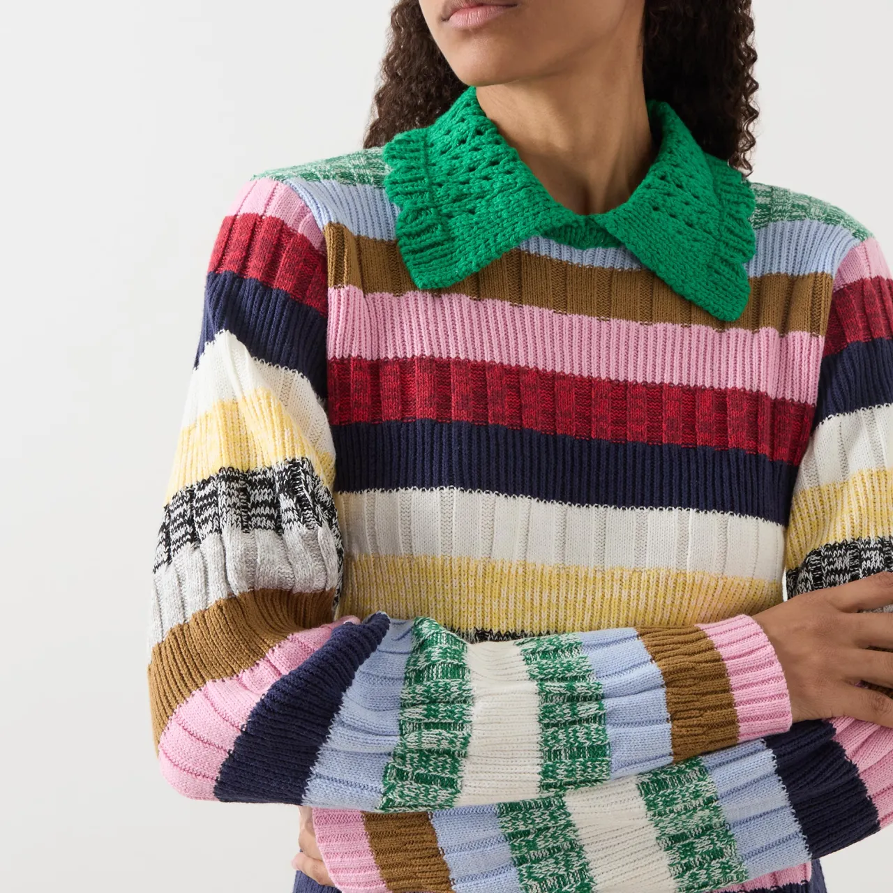 Online Stripe Knit Polo Shirt Women Tops
