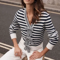 Online Striped Bow Cardigan Women Sweaters & Cardigans