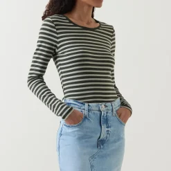 Striped Rib Long-Sleeved T-Shirt Women Tops
