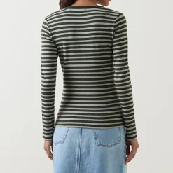 Striped Rib Long-Sleeved T-Shirt Women Tops