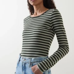 Striped Rib Long-Sleeved T-Shirt Women Tops