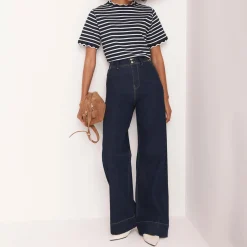 Outlet Striped Scallop Trim T-Shirt Women Tops