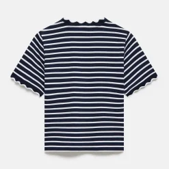 Outlet Striped Scallop Trim T-Shirt Women Tops