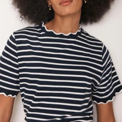 Outlet Striped Scallop Trim T-Shirt Women Tops